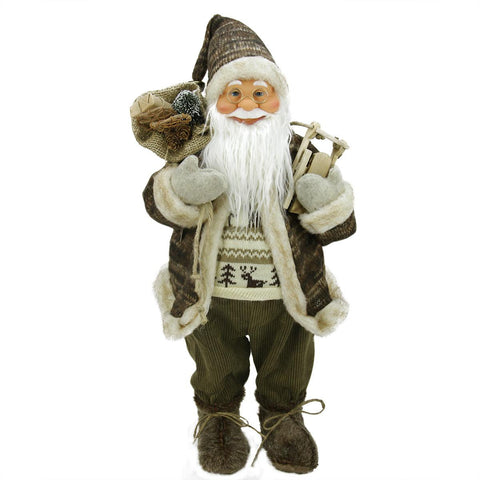 24" Natural Country Brown Standing Santa Claus Christmas Figure with Sled and Gift Bag