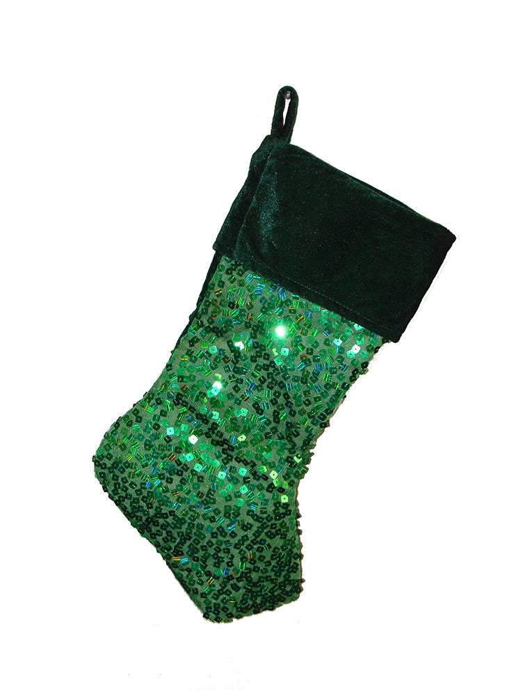 20" Shiny Metallic Green Sequined Christmas Stocking with Velveteen Cuff