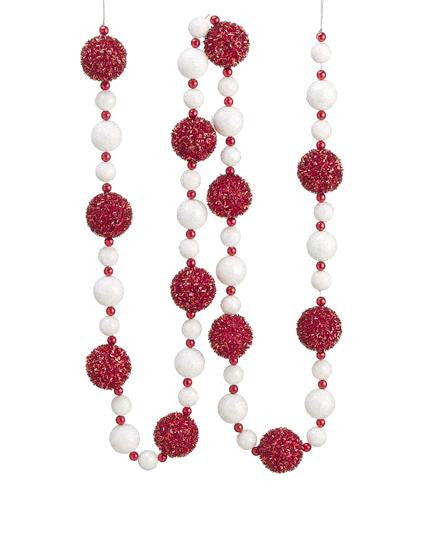 6' Red and White Glitter, Bead and Tinsel Christmas Ball Garland