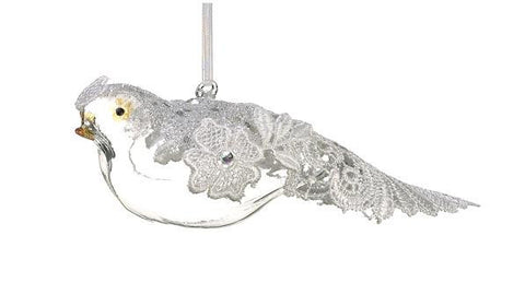 6.5" Elegant Glitter, Lace and Rhinestone Glass Bird Christmas Ornament