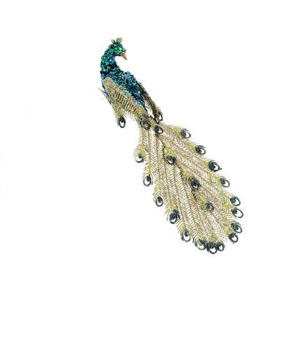 11" Regal Peacock Facing Back Glitter, Sequin and Bead Clip-On Peacock Christmas Ornament