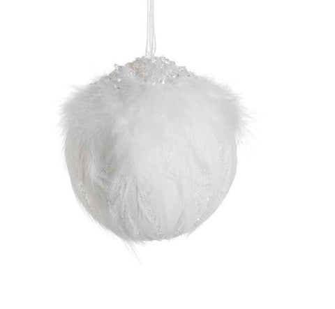 4" Pure Class Beaded and Glittered White Feather Snowball Christmas Ornament