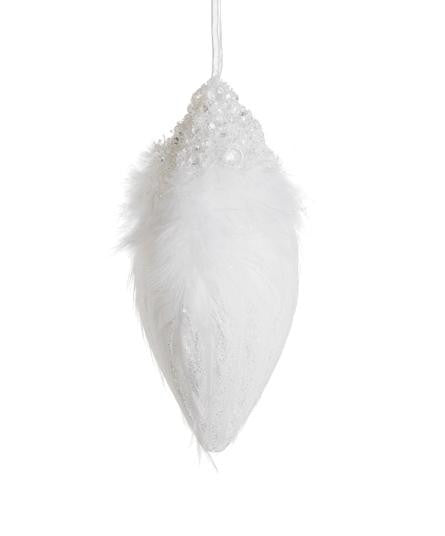 7" Pure Class Beaded and Glittered White Feather Finial Christmas Ornament