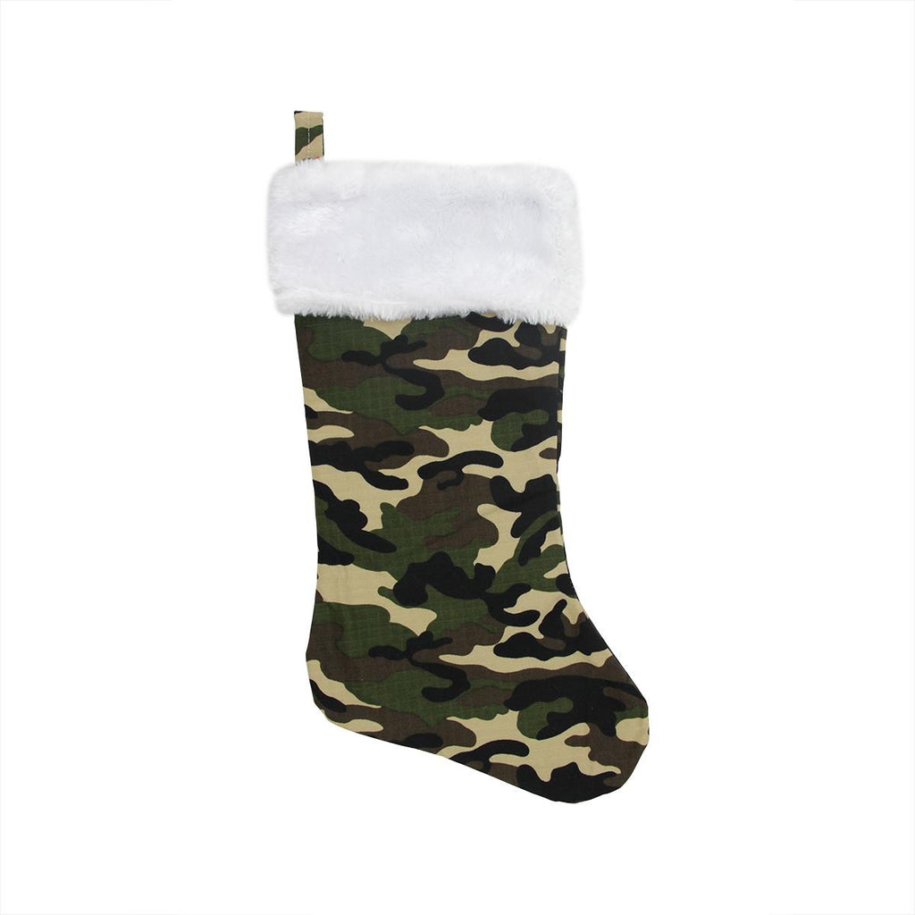 19" Brown, Green & Black Army Camouflage Christmas Stocking with White Fur Cuff