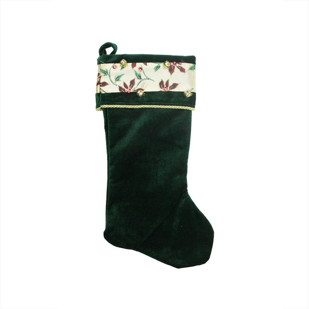 19" Poinsettia Ribbon Cuffed Green Velveteen Christmas Stocking w- Jingle Bell Accents