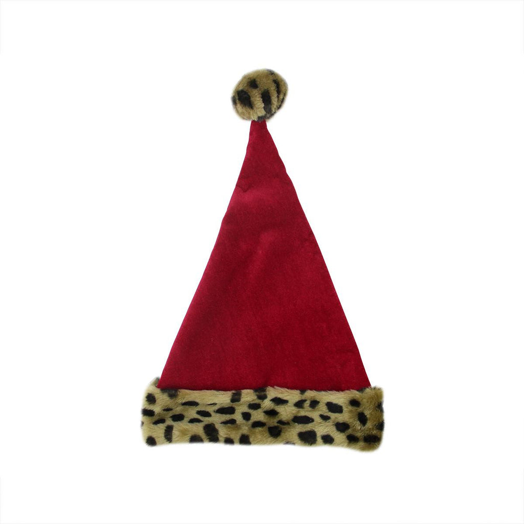 17" Diva Safari Red Velvet Leopard Cuffed Christmas Santa Claus Hat - Adult Size