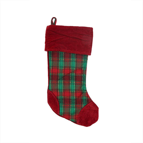 19" Christmas Traditions Red, Green and Gold  Woven Plaid and Velvet Stocking