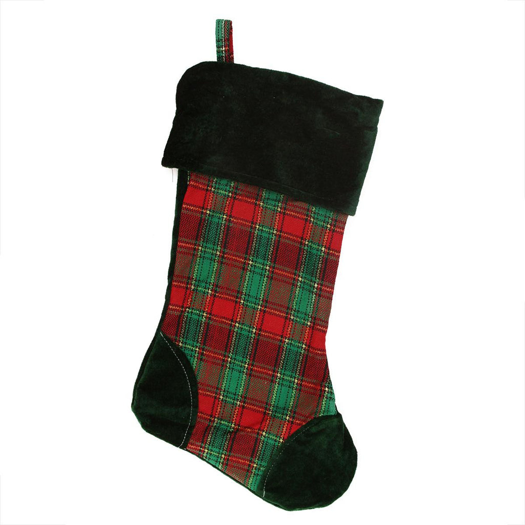 19" Christmas Traditions Green, Red and Gold Woven Plaid and Velvet Stocking