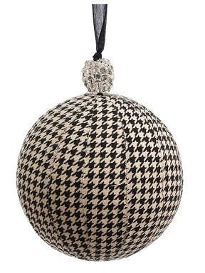 Black & Beige Houndstooth w- Rhinestone Cap Commercial Size Christmas Ball Ornament 6" (150mm)