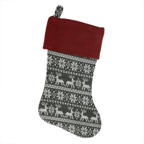 19" Festive Grey, White and Red Snowflakes & Reindeer Knit Christmas Stocking