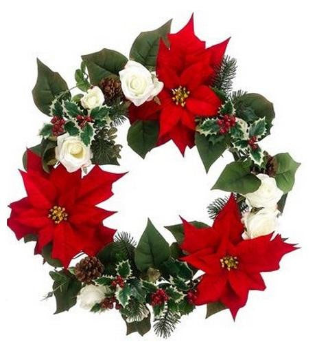 22" Red Poinsettia and White Rose Artificial Christmas Wreath - Unlit