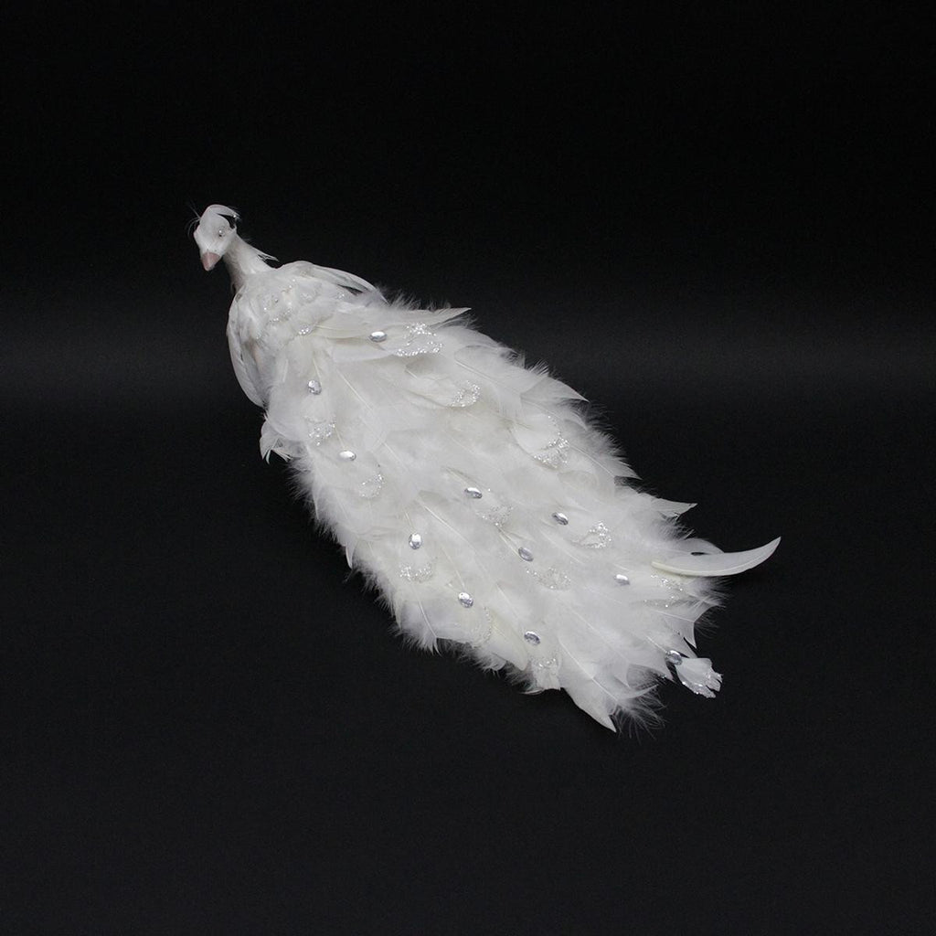 21" White Regal Peacock Bird with Closed Tail Feathers Christmas Decoration