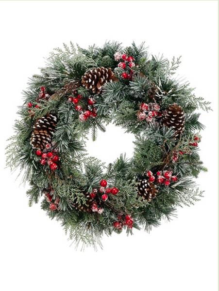 30" Frosted Pine Rosehip Berry & Glitter Pine Cone Artificial Christmas Wreath - Unlit