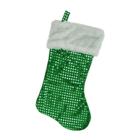 18" Green and White Faux-Fur Cuffed Disco Sequined Christmas Stocking