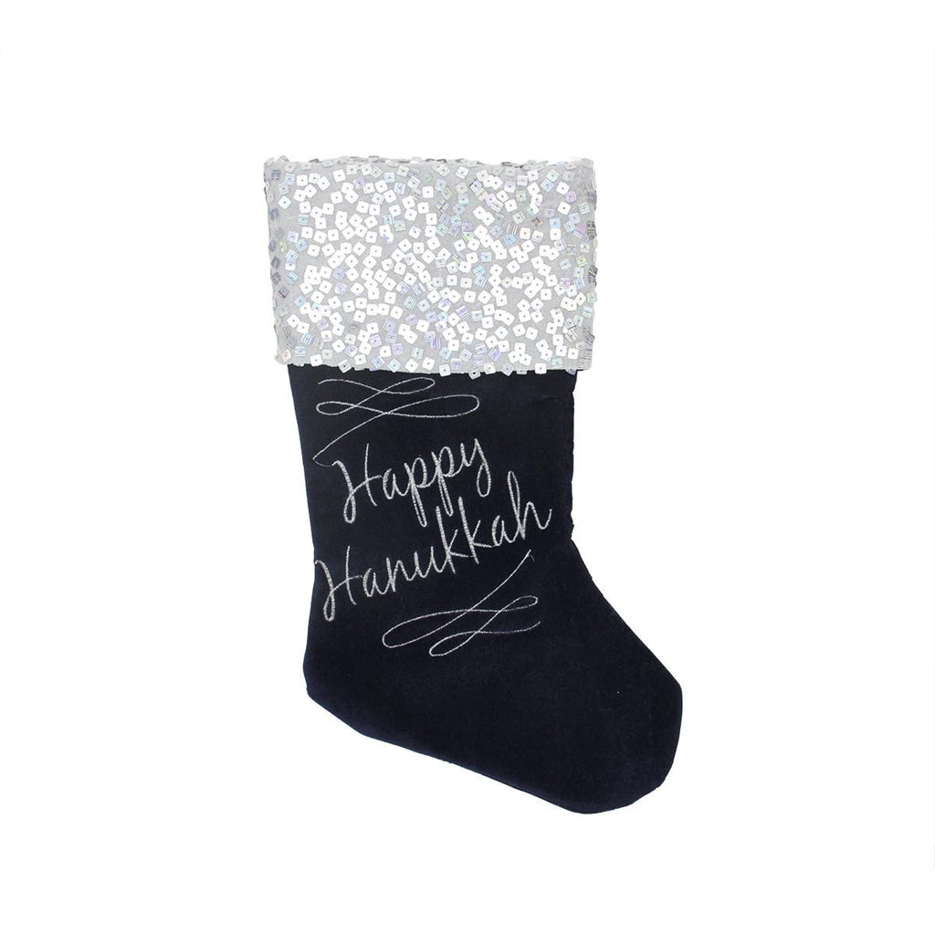 19" Navy and Silver "Happy Hanukkah" Square Sequin Cuffed Embroidered Velvet Stocking