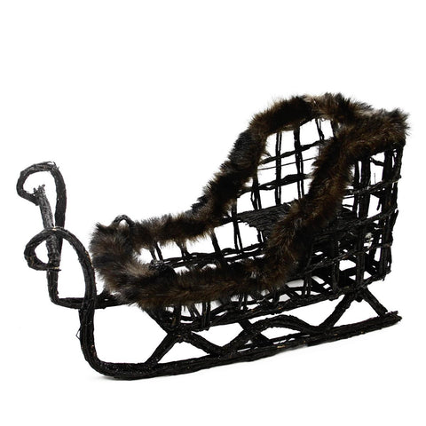 19" Glittery Dark Brown and Black Wicker Christmas Sled Sleigh Decoration with Fur Accent