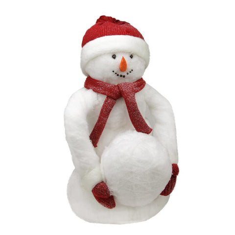 21" White Fluffy Sparkling Glittered Plush Snowman Holding Snowball Christmas Decoration