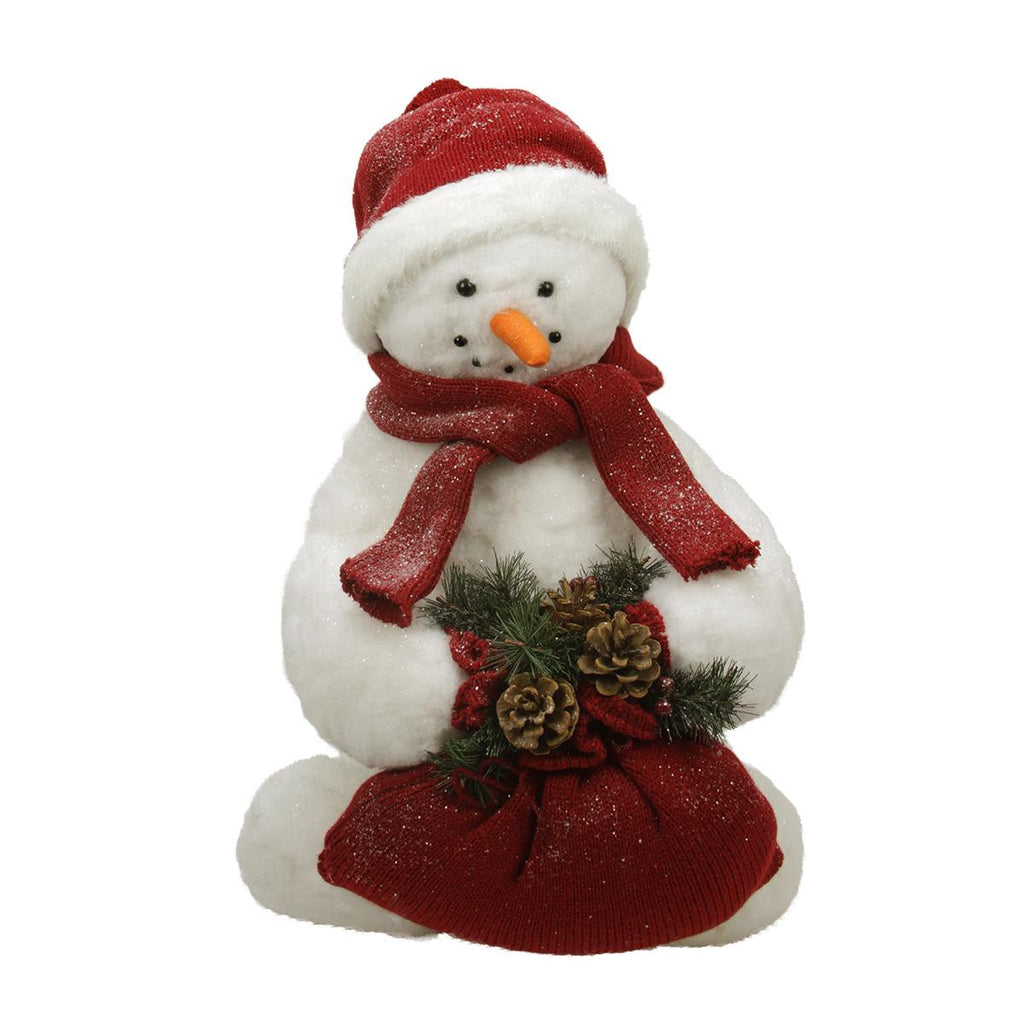 2' White Fluffy Sparkling Glittered Plush Snowman Holding a Bag with Pine Cones Christmas Decoration