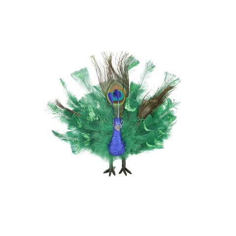 7" Colorful Green Regal Peacock Bird with Open Tail Feathers Christmas Decoration