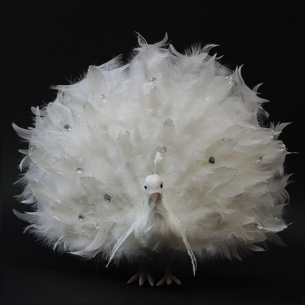 15" White Regal Peacock Bird with Open Tail Feathers Christmas Decoration