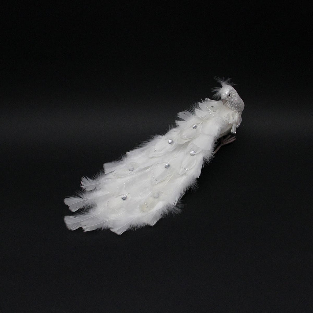 18" White Regal Peacock Bird with Closed Tail Feathers Christmas Decoration