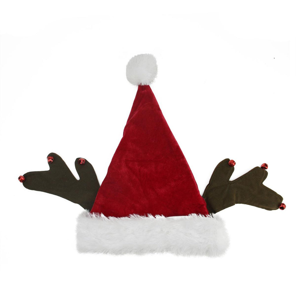 17" Whimsical Santa Claus with Jingle Bell Reindeer Antlers Christmas Hat