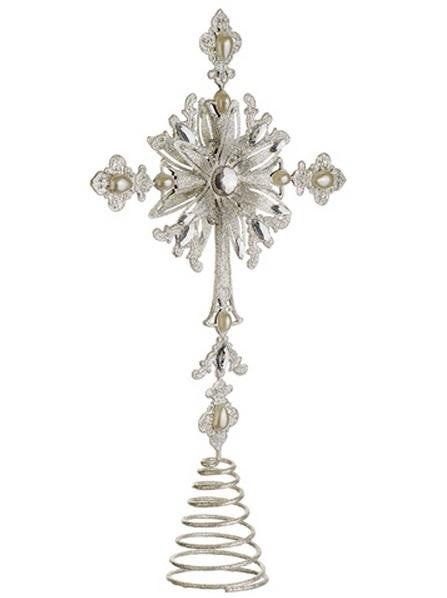 15" Glamour Time Silver Shimmer Religious Cross Christmas Tree Topper - Unlit