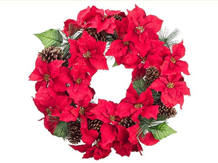 30" Red Poinsettia Blooms and Pine Cone Artificial Floral Christmas Wreath - Unlit