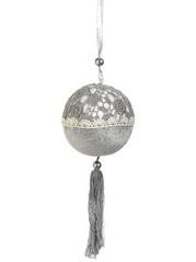 8.5" Gray Cream Laced Ball Ornament with Tassels