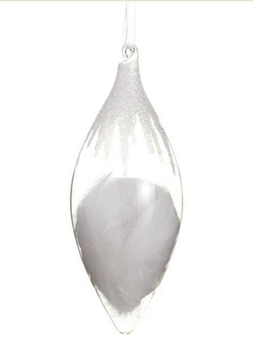 11" Simply Elegant Glass Finial Ornament with Glitter and Faux White Feathers