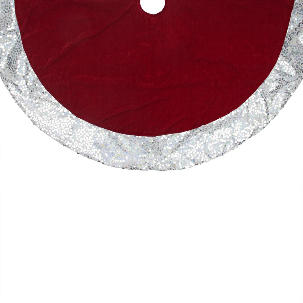 48" Rich Red Velvet Silver Disco Sequin Bordered Christmas Tree Skirt