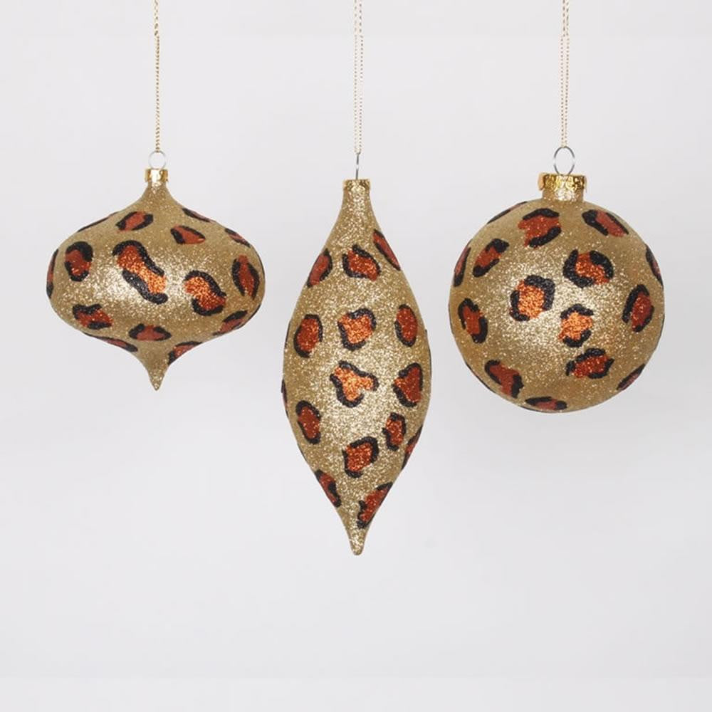 Set of 3 Diva Safari Glitzy Cheetah Gold, Copper and Black Christmas Ornaments 7"