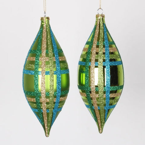 4ct Lime Green w- Blue, Green & Gold Glitter Plaid Shatterproof Christmas Finial Drop Ornaments 7"