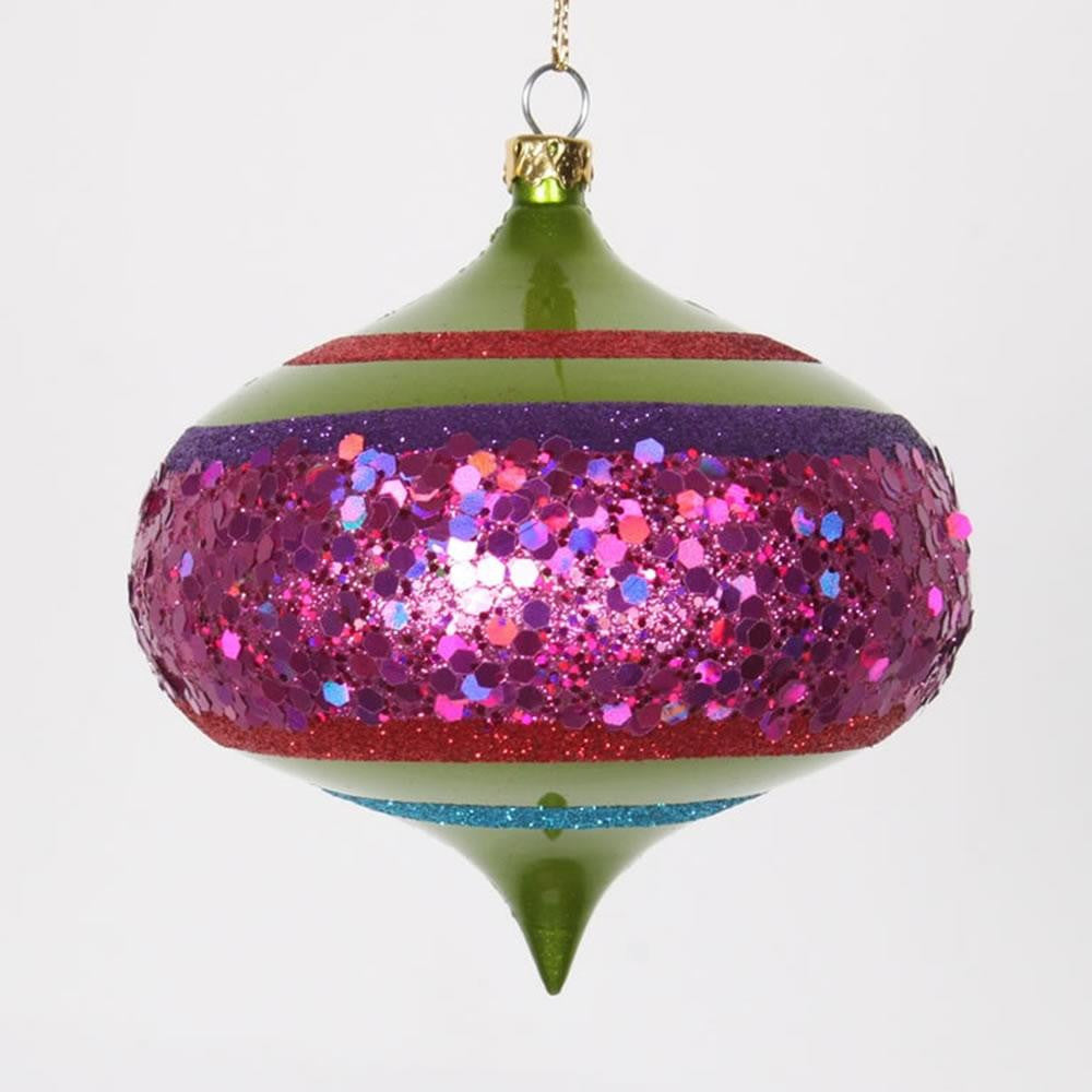 4ct Lime Green and Cerise Pink Shatterproof Christmas Glitter Onion Ornaments 4" (100mm)