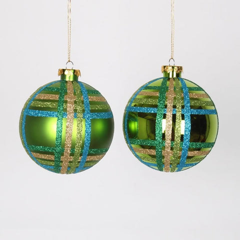 4ct Lime Green w- Blue, Green & Gold Glitter Plaid Shatterproof Christmas Ball Ornaments 4" (100mm)