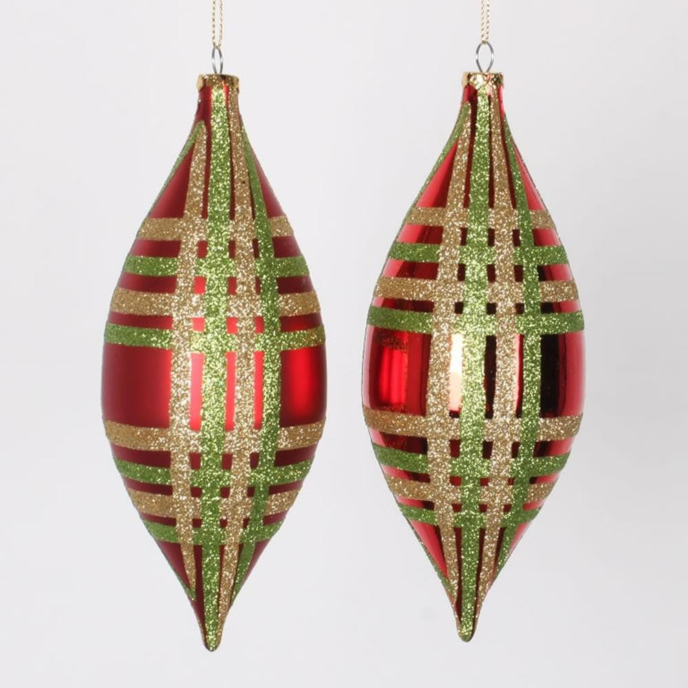 4ct Red w- Lime Green & Champagne Gold Glitter Plaid Shatterproof Christmas Finial Drop Ornaments 7"