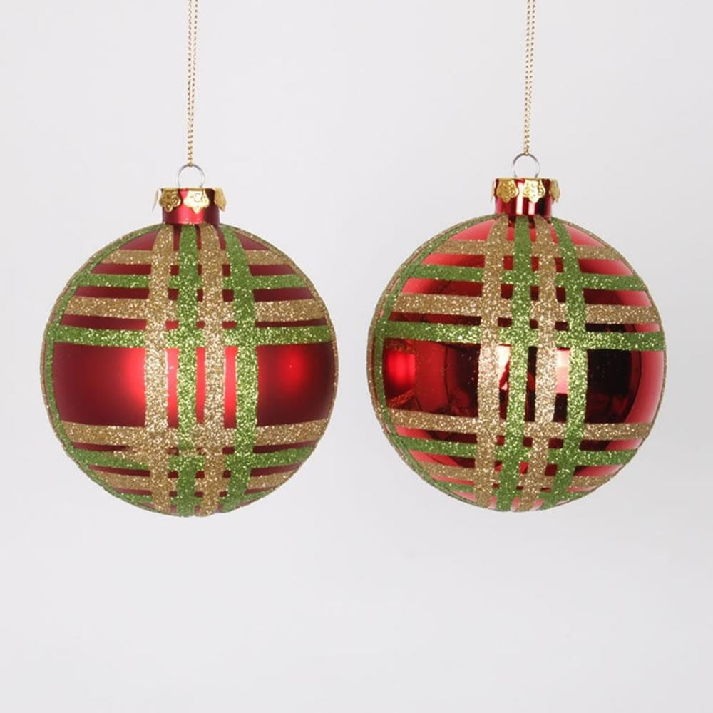 4ct Red w- Lime Green & Champagne Gold Glitter Plaid Shatterproof Christmas Ball Ornaments 4" (100mm)