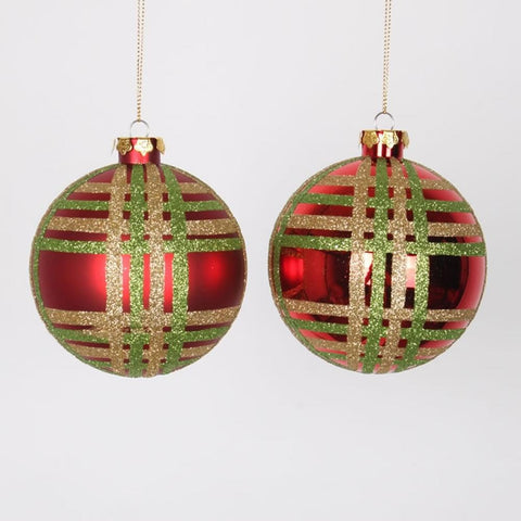 4ct Red w- Lime Green & Champagne Gold Glitter Plaid Shatterproof Christmas Ball Ornaments 4" (100mm)