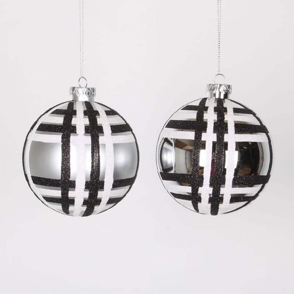 4ct Silver w- Black & White Glitter Plaid Shatterproof Christmas Ball Ornaments 4" (100mm)