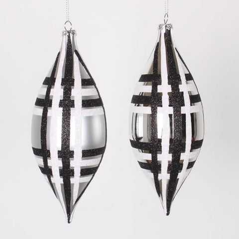 4ct Silver w- Black & White Glitter Plaid Shatterproof Christmas Finial Drop Ornaments 7"