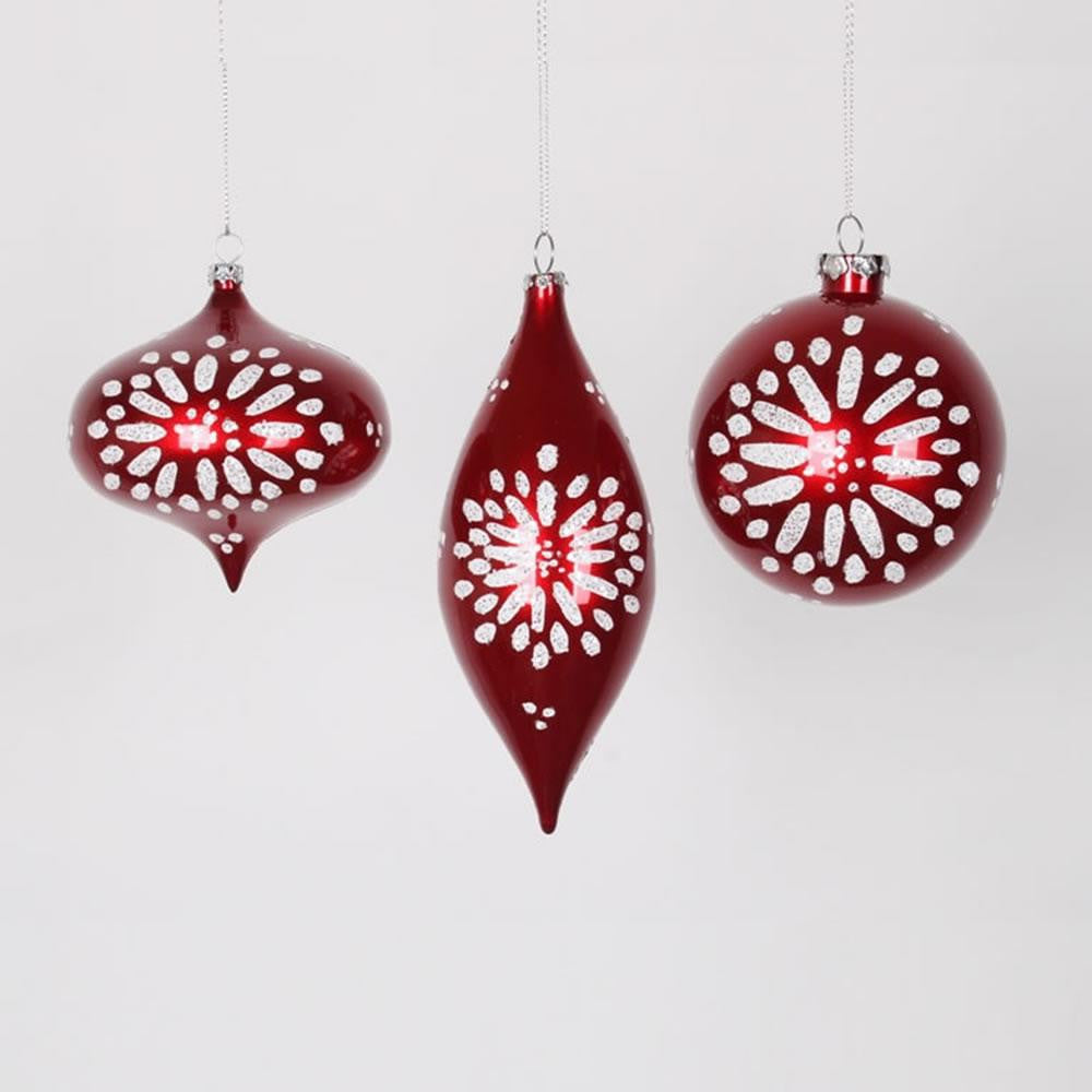 Set of 3 Candy Red and White Glitter Star-Burst Christmas Ornaments 7"