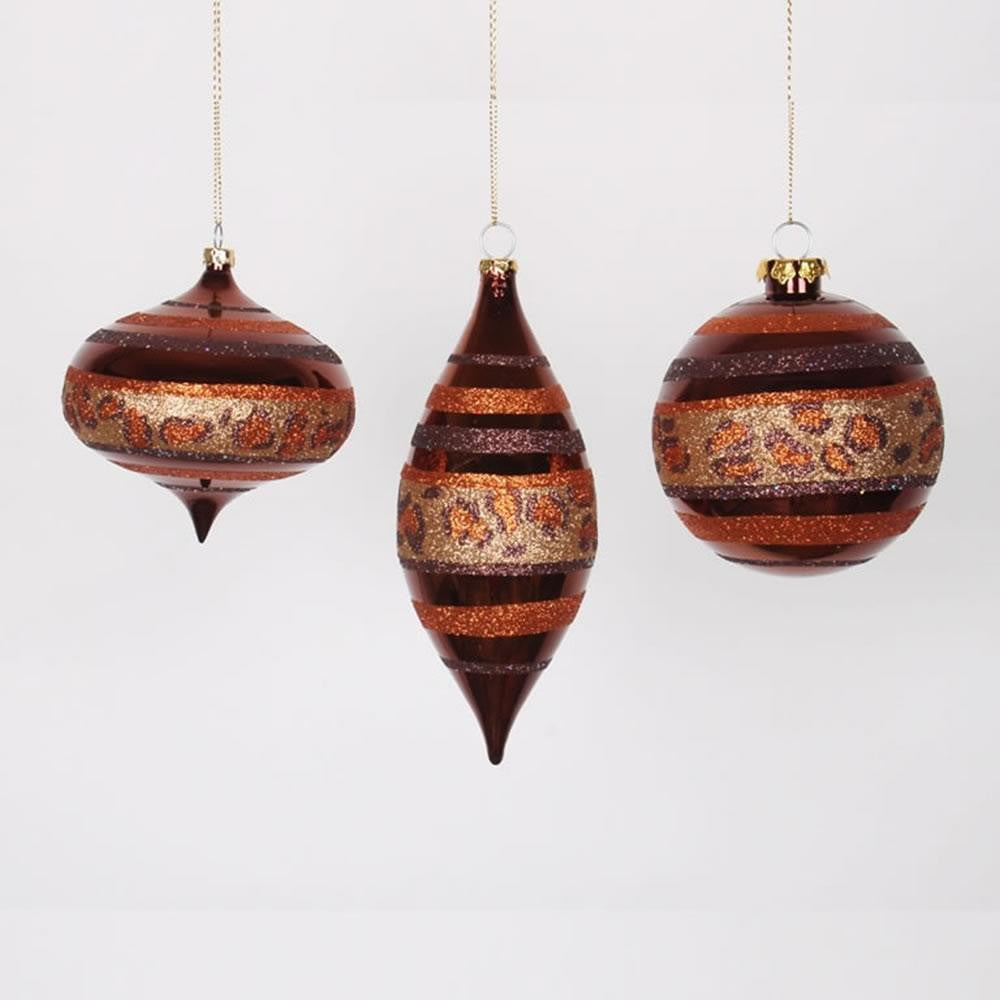 Set of 3 Diva Safari Cheetah Print & Stripes Gold, Copper and Coffee Christmas Ornaments 7"