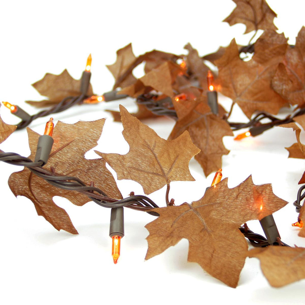 Set of 50 Brown Leaf Autumn Thanksgiving Amber Light Garland - Brown Wire