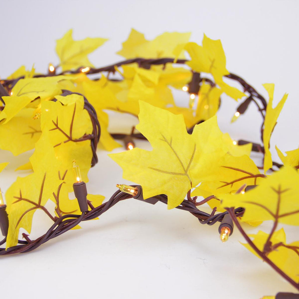 Set of 50 Yellow Leaf Autumn Thanksgiving Gold Light Garland - Brown Wire