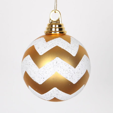 Matte Gold and White Glitter Chevron Striped Shatterproof Christmas Ball Ornaments 4" (100mm)