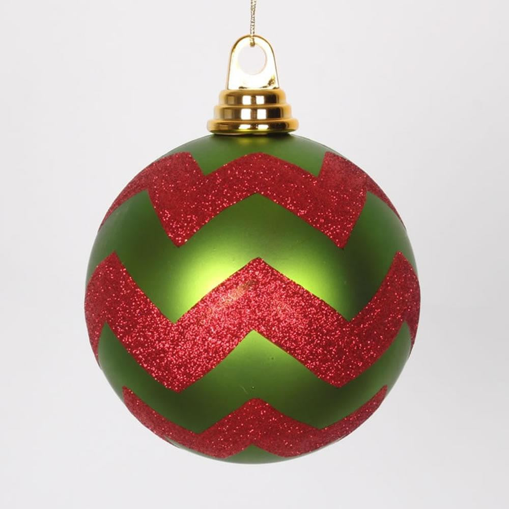 Lime Green Matte and Red Glitter Chevron Shatterproof Christmas Ball Ornament 4.75" (120mm)