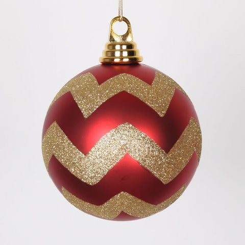 Red Matte with Gold Glitter Chevron Christmas Ball Ornaments 4.75" (120mm)