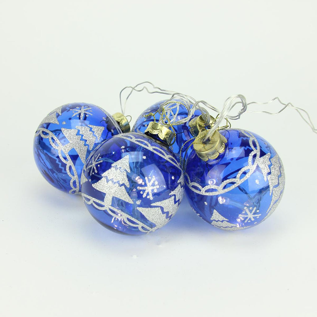 Set of 4 Battery Operated Blue Glass Ball LED Lighted Christmas Ornaments