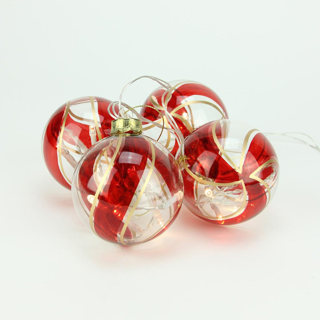 Set of 4 Battery Operated Red and Gold Swirl Glass Ball LED Lighted Christmas Ornaments