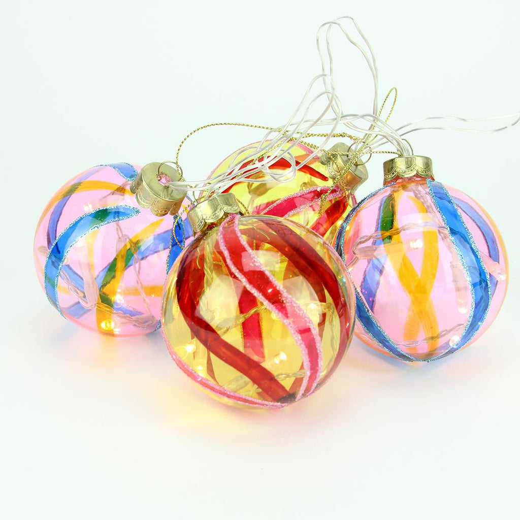 Set of 4 Battery Operated Pink and Yellow Swirl Glass Ball LED Lighted Christmas Ornaments